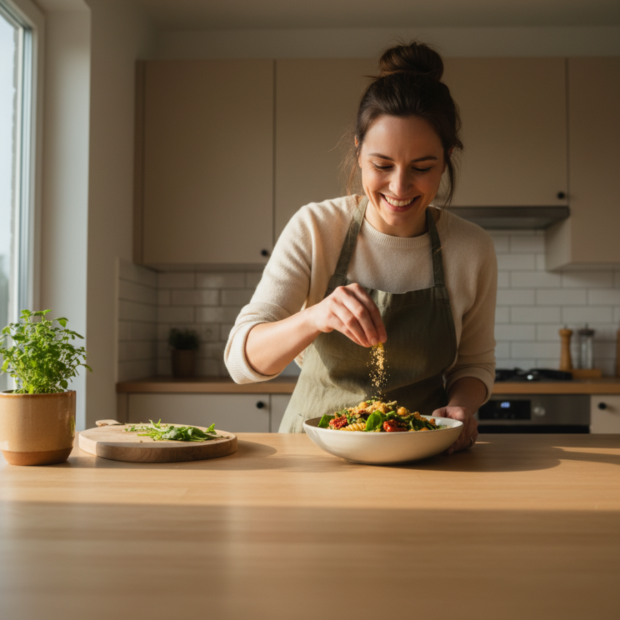 Joyful home cook garnishing a vibrant dish in a modern kitchen.