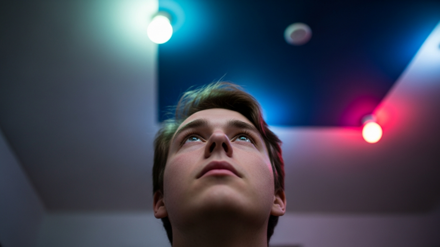 Young adult in awe under vibrant ceiling lights, capturing a magical evening ambiance.