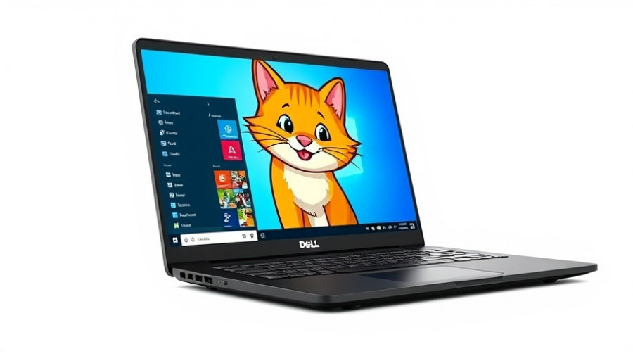 Dell laptop showcasing a cartoon cat with Windows 11 Pro, Wi-Fi, and touchscreen features.