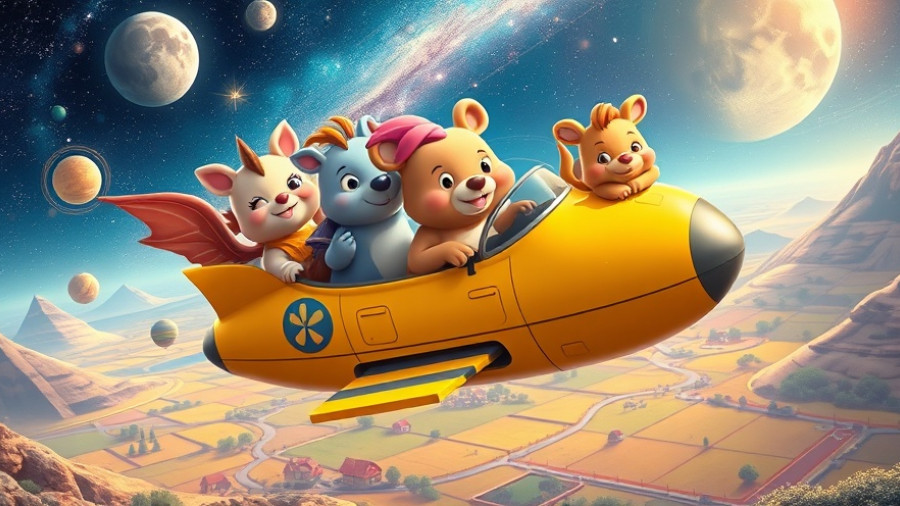 Colorful Petit Planet's beta illustration of animals in a flying car.