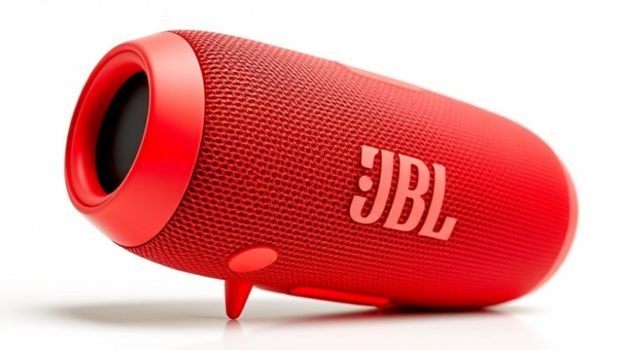 Red JBL Charge 6 portable speaker with textured design.