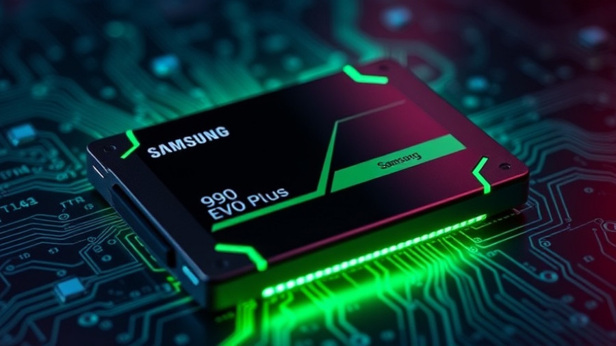 Samsung 990 EVO Plus 1TB SSD deal, glowing green tech design.