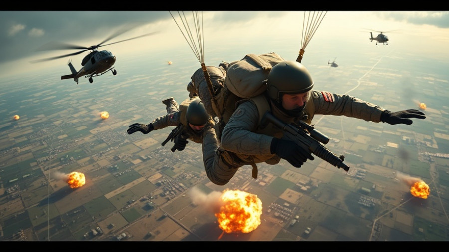 Dynamic scene of soldiers skydiving over battlefield with explosions.