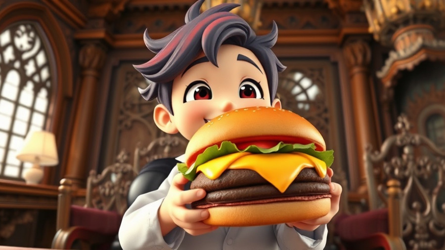 Anime character joyfully eating a cheeseburger in a fantasy setting.