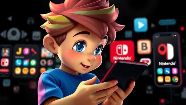 Character using smartphone with Nintendo mobile apps.