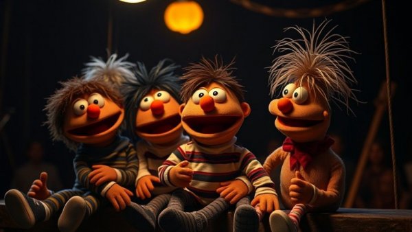 Whimsical puppet duo in a cinematic setting for Game Awards Future Class.