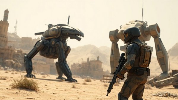 Futuristic soldier confronts robot in a desert, Steam player records.