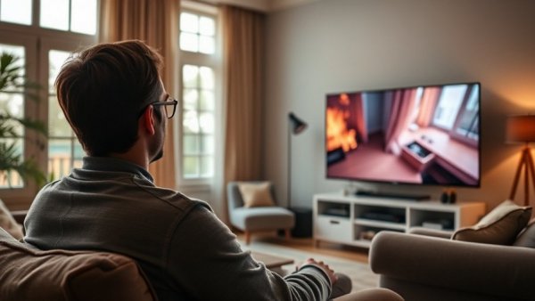 Person using Samsung Movingstyle Smart Portable Monitor in cozy room.