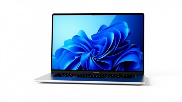 Vibrant blue abstract pattern on MacBook Air screen.