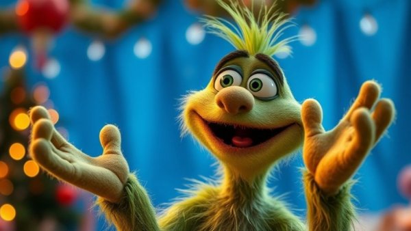 Walton Goggins Grinch Commercial: Green furry character with hands raised, glowing lights