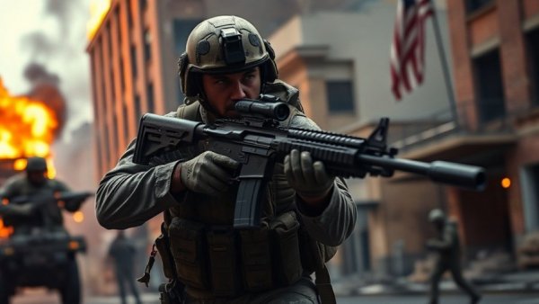 Battlefield 6 military scene with soldiers advancing in a burning urban area.