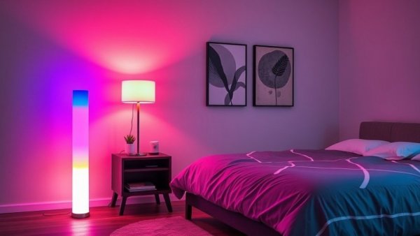 Contemporary bedroom with Govee RGBIC floor lamps providing colorful ambient light.
