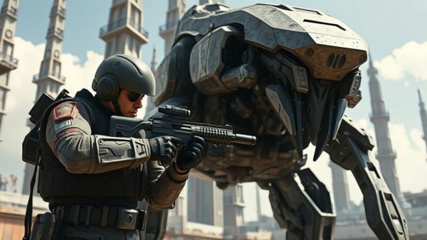 Arc Raiders scene with soldier and robotic creature.