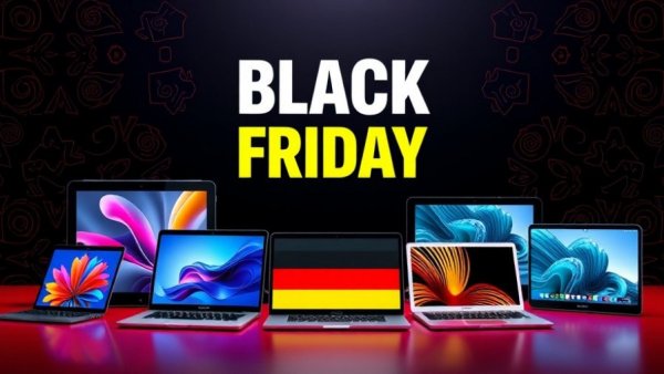 Black Friday tablet, laptop and e-reader deals in Germany, colorful tech display.