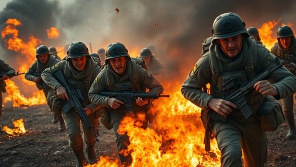 Battlefield 6 free trial scene with soldiers in action amid flames.