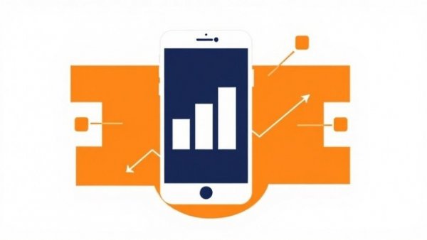 Minimalistic graphic of trending smartphones and bar chart symbols on orange background.