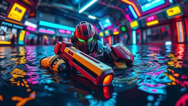 Robotic character in water, vibrant colors, futuristic