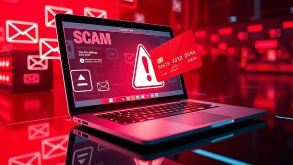 Identity theft protection service illustration with scam warning on laptop.