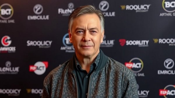 Neutral expression of man in patterned jacket at branded event.