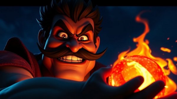 Cartoon character with fiery sphere in Mario voice parody scene.