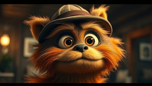 Animated creature in hat looking surprised in dim light.