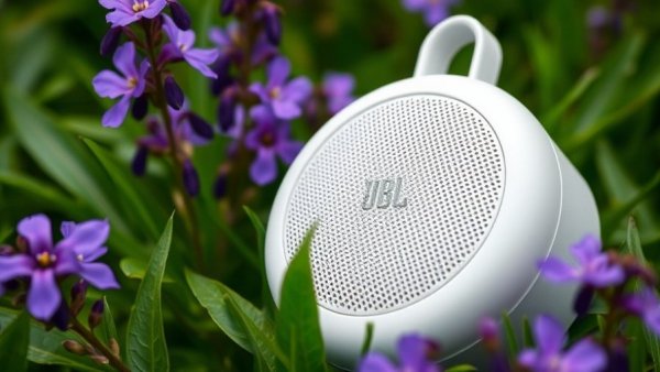 White JBL Charge 6 speaker among flowers outdoors