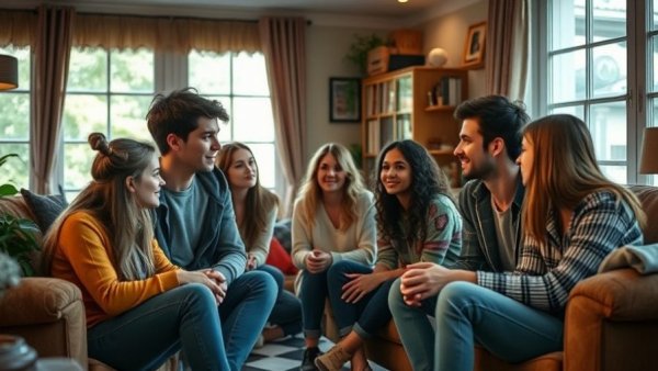 Group of teenagers in Stranger Things, deep conversation in living room.