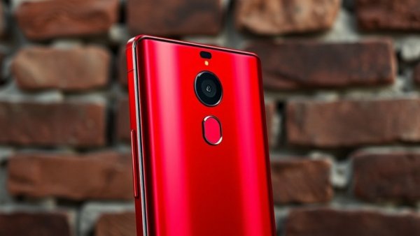 Huawei Mate X7 review: red smartphone design, textured surface background.