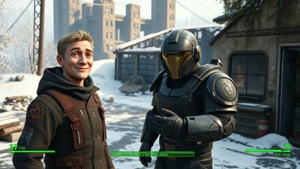 Humorous Fallout 4 mod features avatar and power armor in snowy game scene.