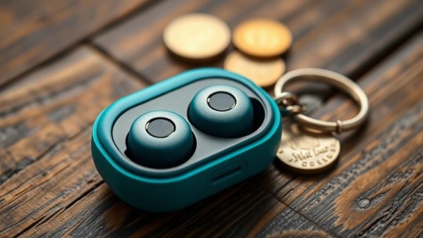 JLab JBuds Mini in teal case beside coins on wood surface