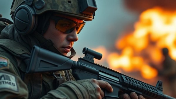 Soldier in tactical gear amidst battlefield explosions.