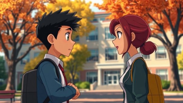 Tense video game scene with characters outside school, Bully Online mod shutdown.