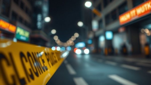 Police line tape at night with blurred bokeh lights in background.