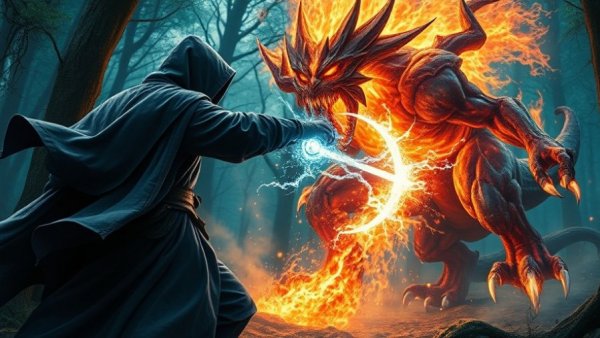 Spellcaster battling fiery creature in mystical forest, spellcasters chronicles.