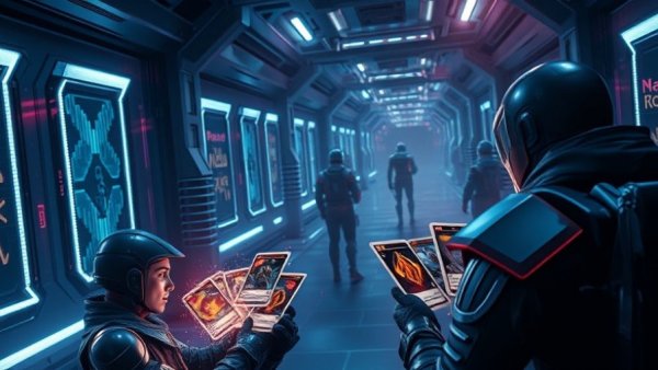 Futuristic card battle game in Kazuma Kaneko's Tsukuyomi theme.