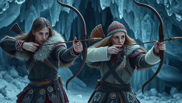 Archers aiming bows in icy cavern, God of War spin-off.