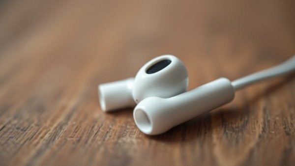 Close-up view of earbud and tip on wooden table.