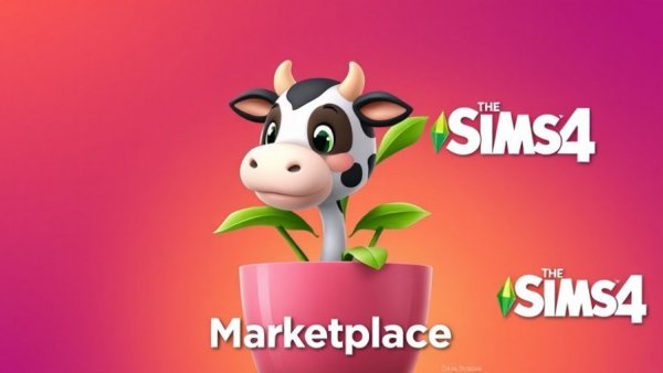 Cartoon cow plant promoting The Sims 4 Marketplace paid mods.