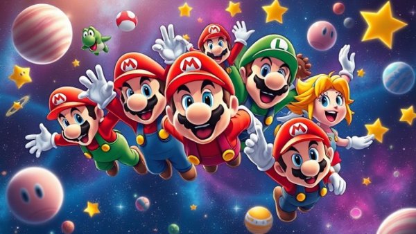 Colorful Mario and friends cosmic scene in vibrant cartoon style.