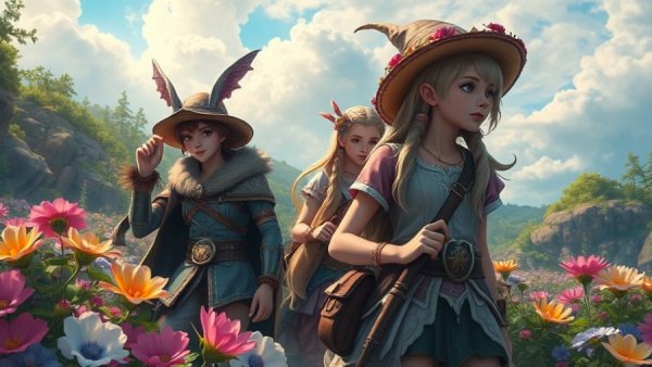 Fantasy gaming adventure scene with characters in lush landscape