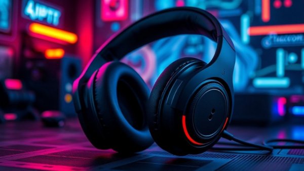 RIG R5 SPEAR MAX HD gaming headset, sleek design, neon backdrop.