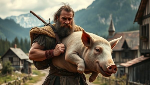 Crimson Desert Review: Character carrying a pig in medieval setting.