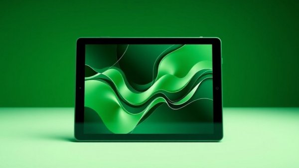 Oppo Pad Mini sleek design with abstract art display in green.