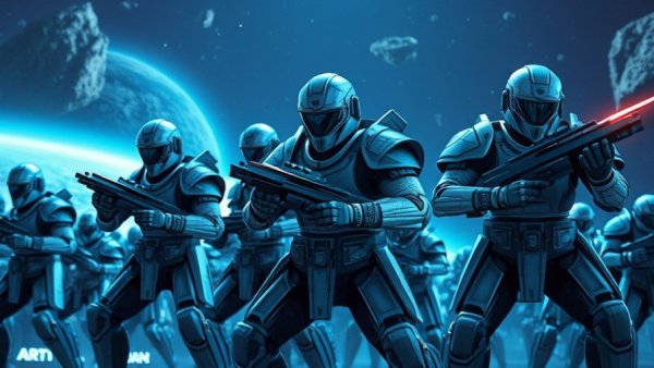 Three futuristic warriors in dynamic battle poses in space.