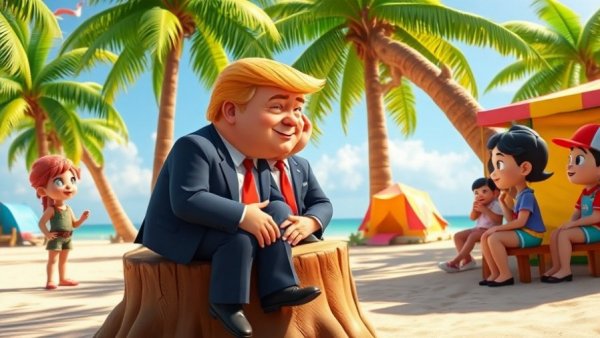 Cartoon Trump on Animal Crossing island with villagers, beach scene.