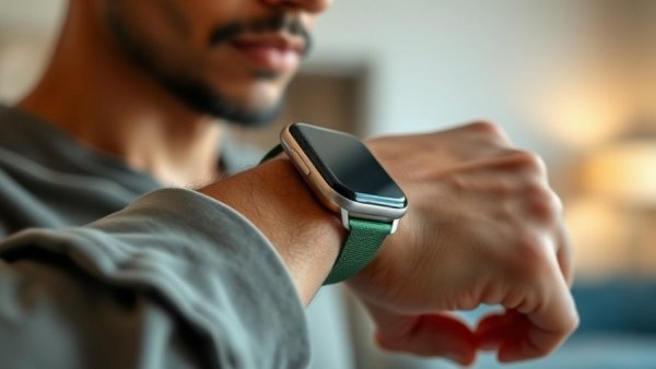 Xiaomi Watch 5 being worn, focus on green strap and display.