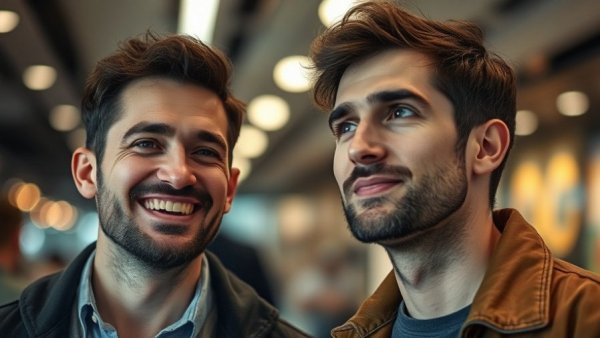 Two men, one smiling, in candid indoor setting with city lights.