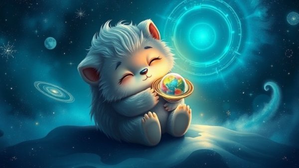 Petit Planet Stardrift creature cuddles a tiny planet.