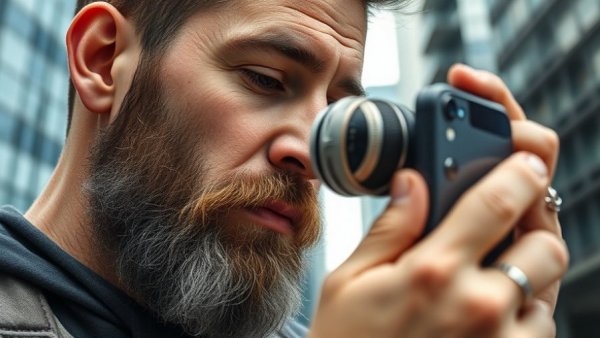 Close-up of a man using vivo X300 Ultra Photography Kit with lens.