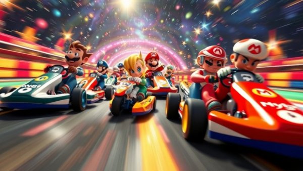 Mario Kart race scene as a politics metaphor, vibrant track.